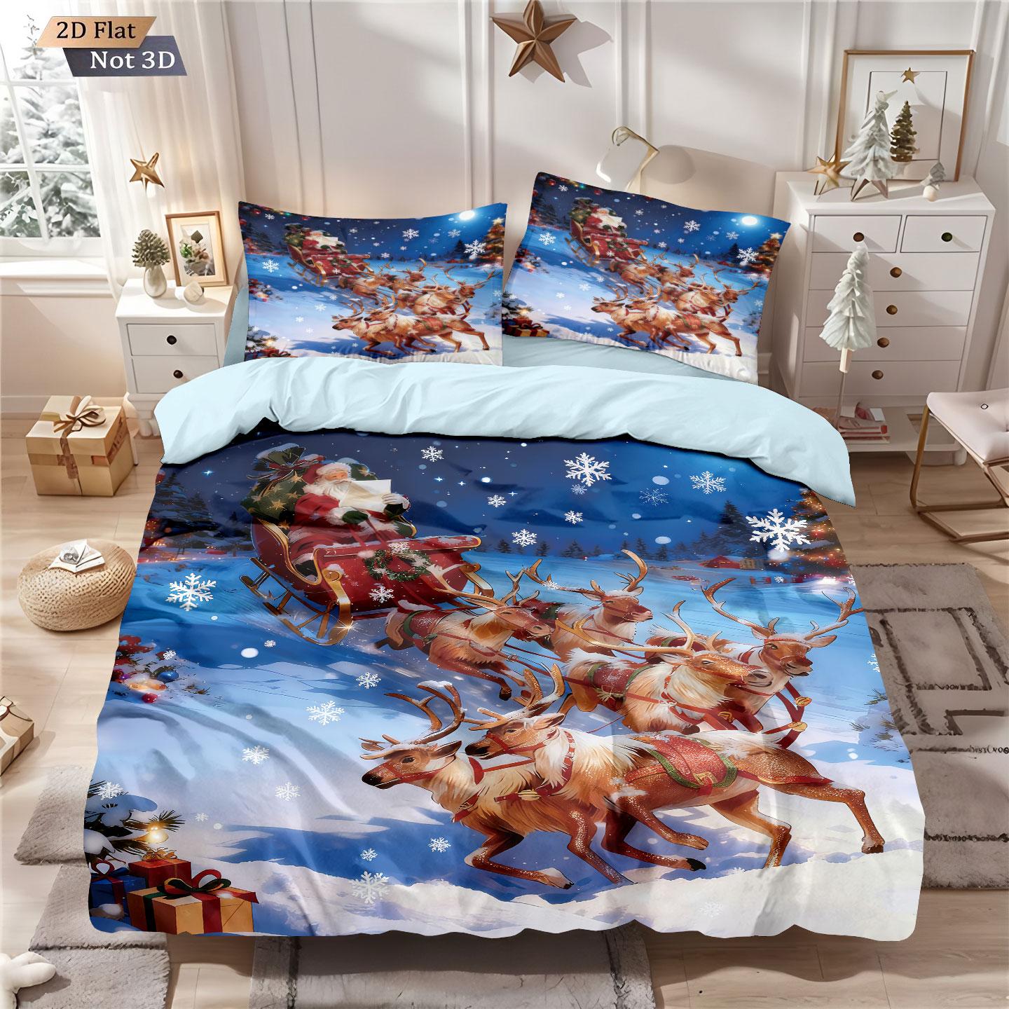 

3pcs Christmas reindeer print coreless duvet cover set multiple size soft dormitory bedding holiday decoration, machine washable 135x200cm-EU-Single&set