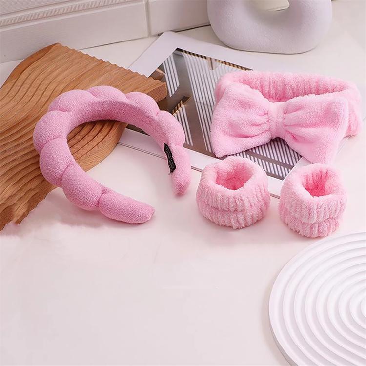 Solid Color Cloud Hair Band Set 4pcs Spa Headband and Wristband with Sponge Makeup Fashionable Hair Accessories