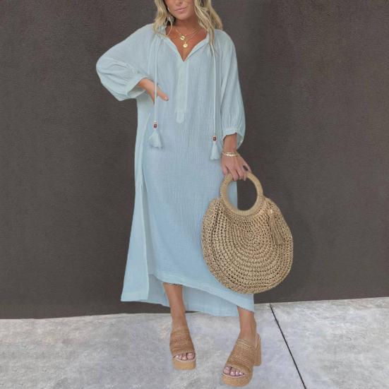 

Женское осенне-весеннее платье-миди с кисточками на шнурке, богемное однотонное свободное платье с полуоткрытым воротником и рукавами три четверти, нерегулярное длинное платье 3XL чёрный