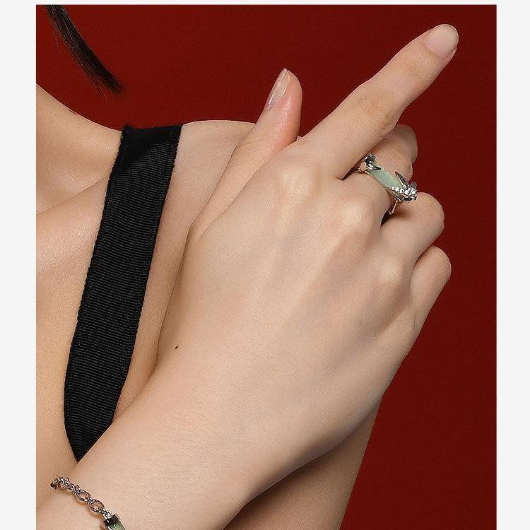 Japanischer Bambusblatt Jade Verstellbarer Damenring - Leichtes Luxusdesign