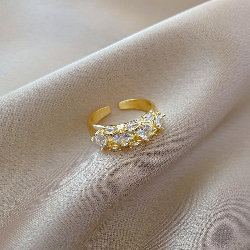 Real Gold Square Full Zirconium Wedding Ring Ring Opening Adjustable Simple Jewelry Japanese Ring Couple Ring