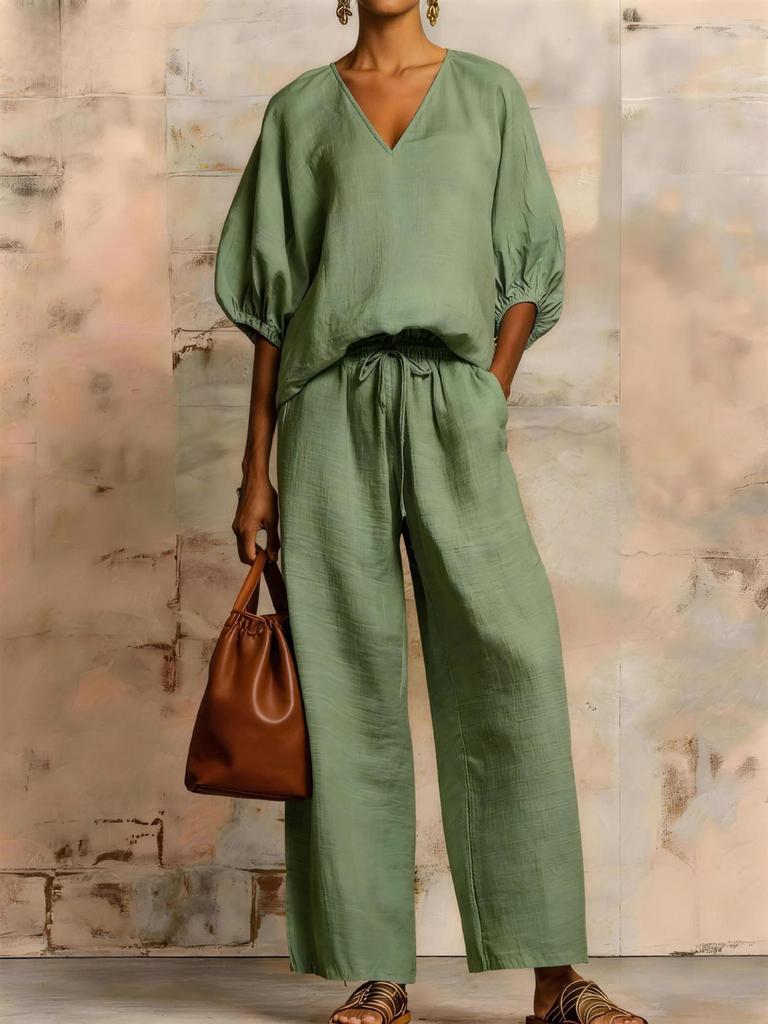 New Arrival Minimalist Solid Color Loose V-Neck Casual Chic Two-Piece Set