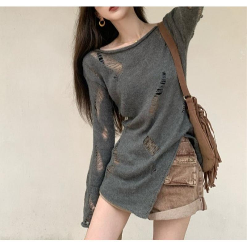 Irregular women's new retro temperament knitted sweater long hollow bottoming top