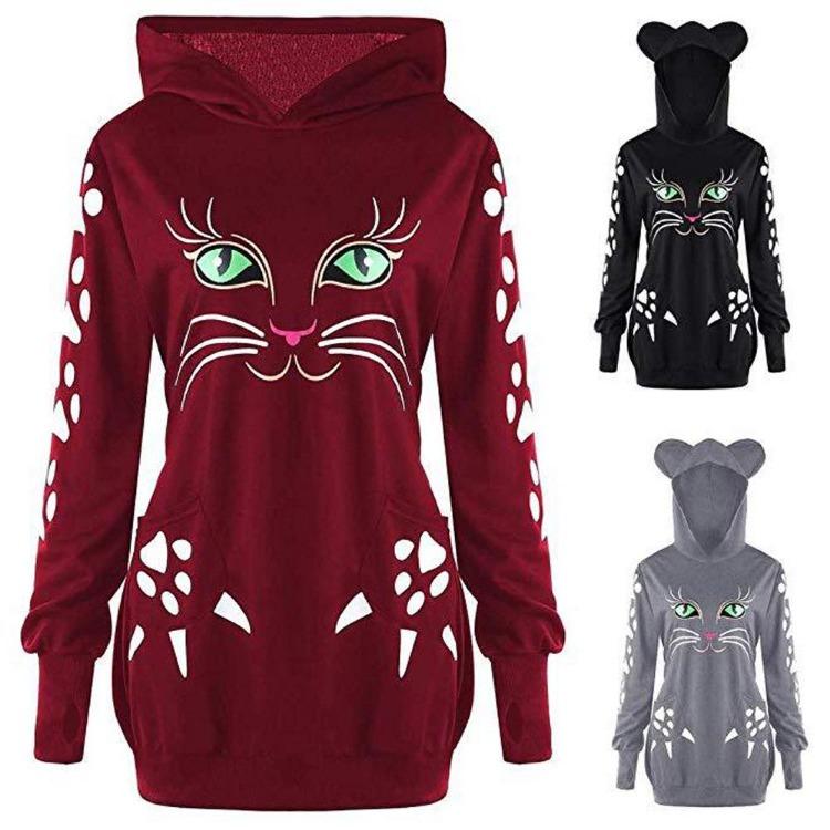 Women Hooded Cat Style Casual Sweatshirt Long Sleeve Pullover