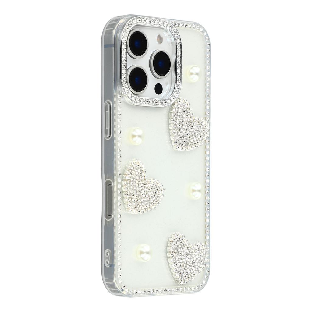 For iPhone 16 Pro Case Rhinestone Edge Pearl Love Decor TPU+PC IMD Phone Cover