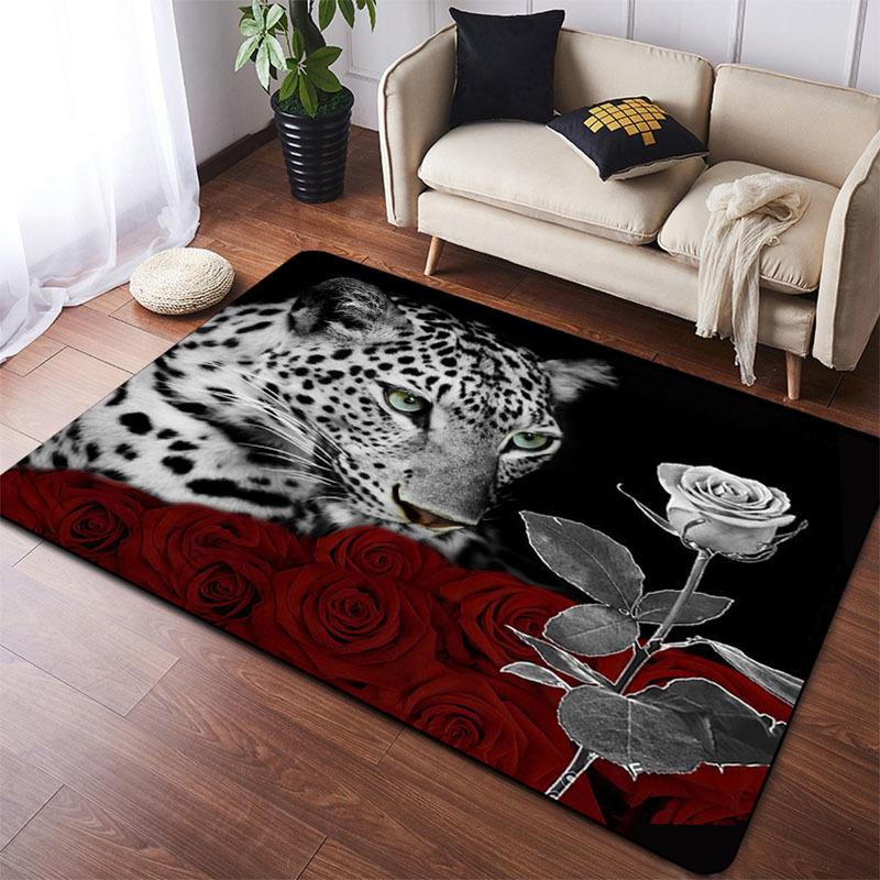 White Leopard and Roses Area Rug - Floral Animal Pattern Non-Slip Floor Mat for Living Room, Bedroom