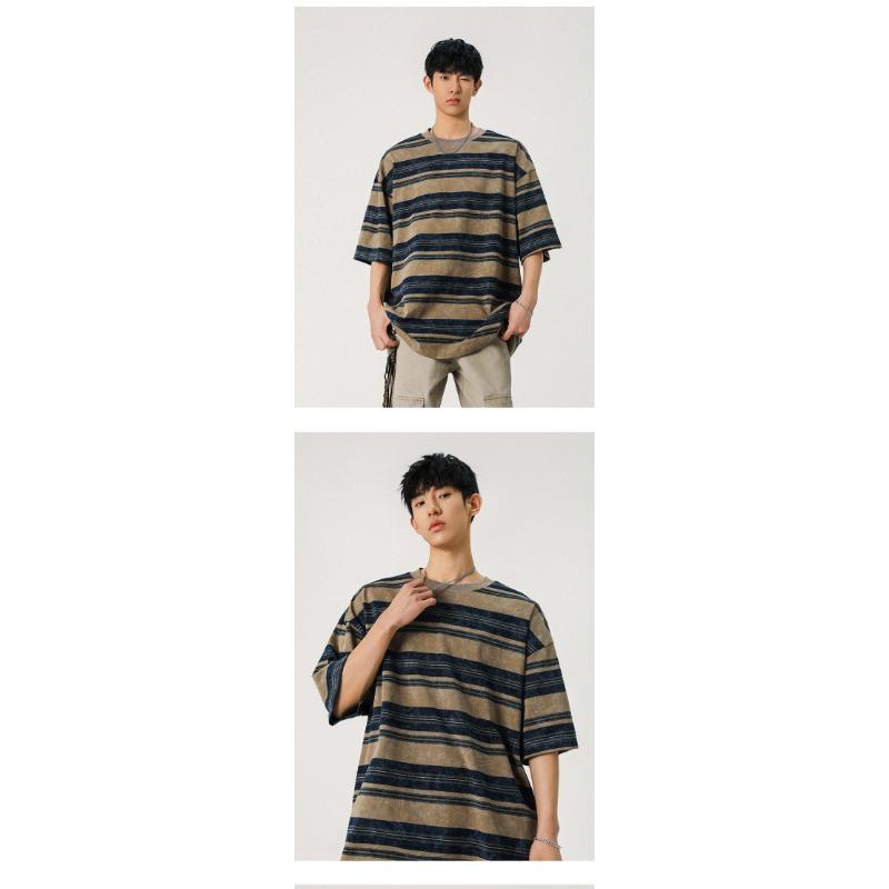 Herren Gestreiftes Lockeres Rundhals Casual Kurzarm T-Shirt