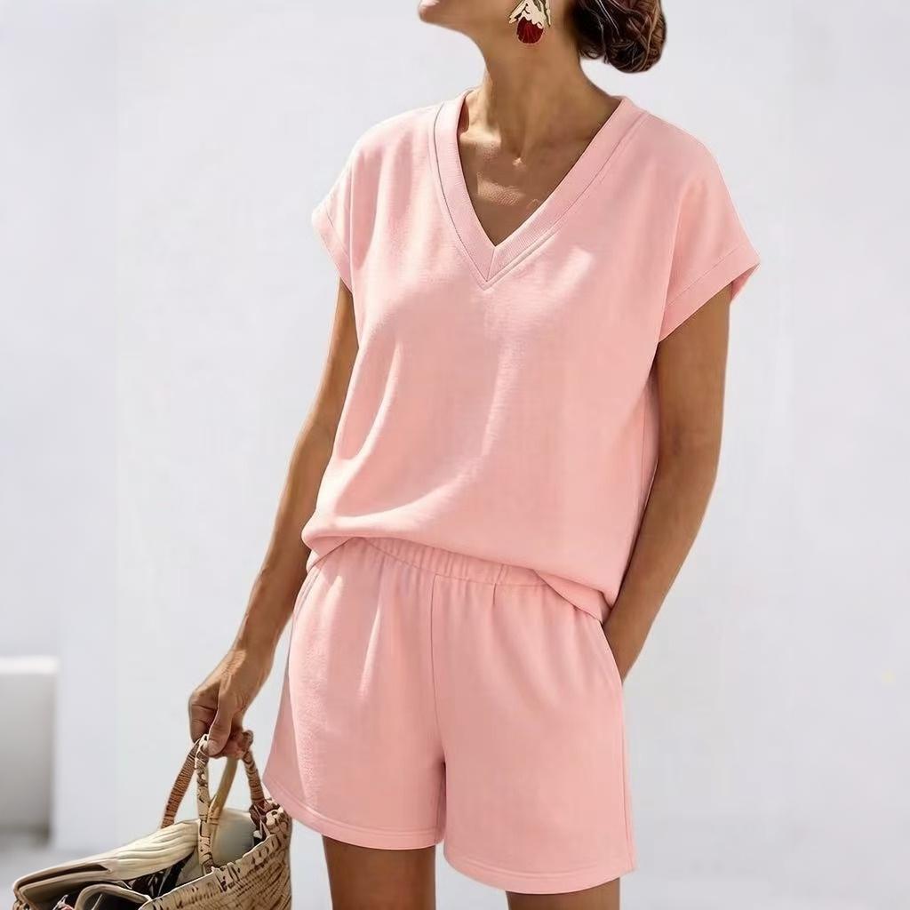 Completo Due Pezzi da Donna con Top a Manica Corta e Pantaloncini Vestibilità Larga Scollo a V Abbigliamento Rilassato per Uso Quotidiano