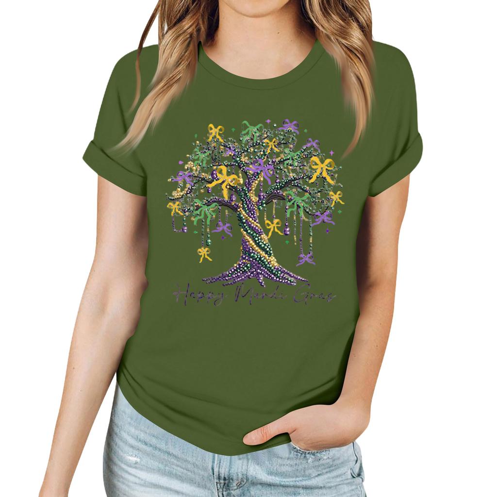 Women's Casual Carnival Print T-Shirt Round Neck Pullover Short Sleeve Top