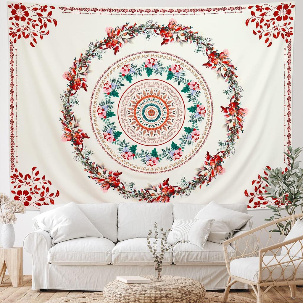 Boho Aesthetic Tapestry Mandala Tapestry Pink Floral Medallion Tapestries Wall Hanging Art Decor for Bedroom Living Room Dorm