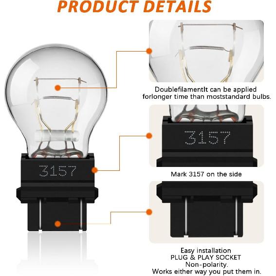 3157 4157 Bulb, 2 Pack 12V Brake/Tail/Turn Signal/DRL Lights | P27/7W 3157NA 3157LL 3047 3057 4057 T25 Replacement for F150 Focus Altima Silverado