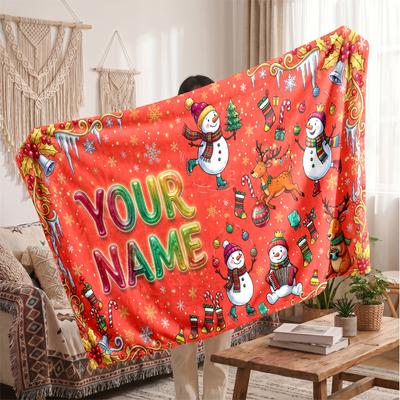 Weihnachts-Bettdecke mit individuellem Namen, Flanell, warm, gemütlich, Überwurf, Heimdekoration, Weihnachtsgeschenk