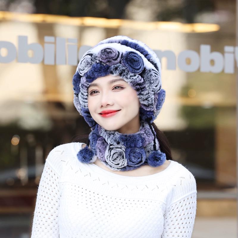 Rex Rabbit Hair Hat Scarf Two-piece Set Women's Winter In The Elderly Mother Grandma Winter Fur Scarf Cover