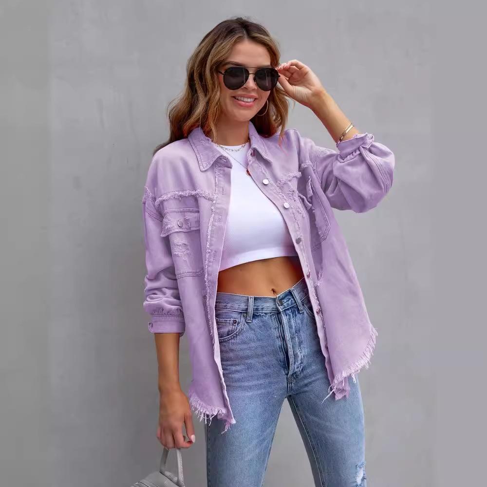 2026 Europäische und amerikanische süße Mode Spice Girls Sommer neue Revers Langarm Jeansjacke mit Löchern für Damen
