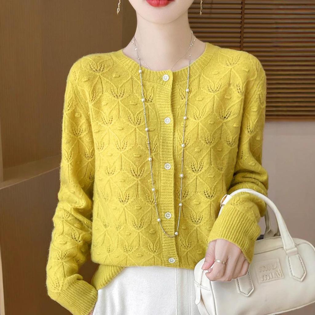 2024 Early Autumn Women's Merino Wool Round Neck Knit Cardigan with Hollow Details
