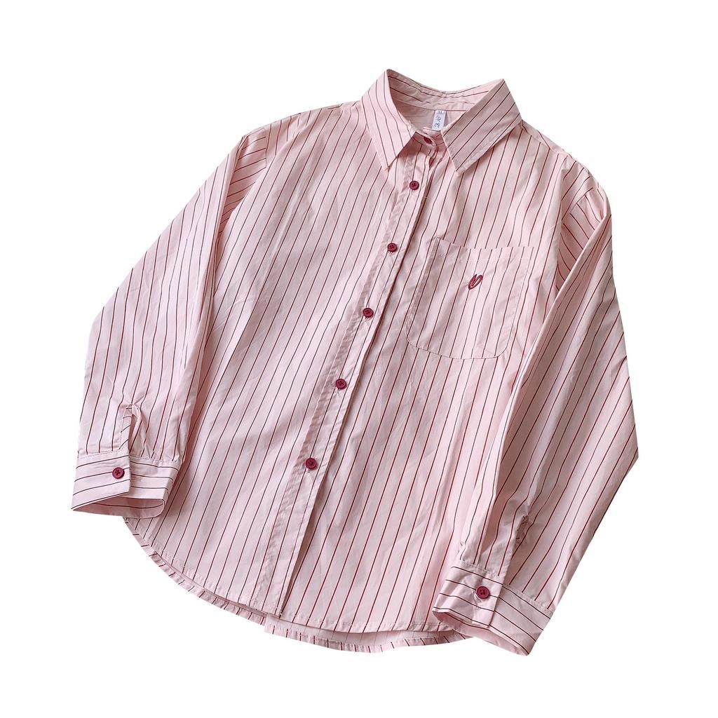 Damen Rosa Nadelstreifen Besticktes Polokragen Langarmhemd - Koreanisches Frühlingsdesign