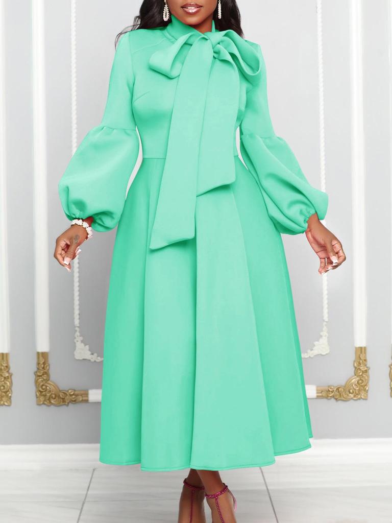European & American Style High Waist Formal Dress with Puff Sleeves and Bow Tie