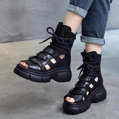 2025 Nowe Letnie Czarne Damskie Sandały ze Skóry PU Fajne Botki do Kostki Buty na Platformie Koturny Sandały Damskie Moda Outdoor Sandalias