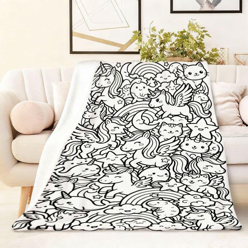 Coloring Flannel Blanket. Black White Unicorn Cat Line Art Print, Soft Machine Washable for Sofa Living Room Office Camping, Nice Birthday Holiday Chr