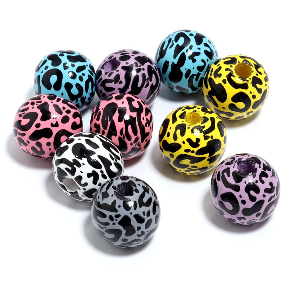 10Pcs 16mm Natural Wooden Beads Colored Butterfly Flower Star Print Spacer Beads For DIY Craft Bracelet Phone Chain Accessories