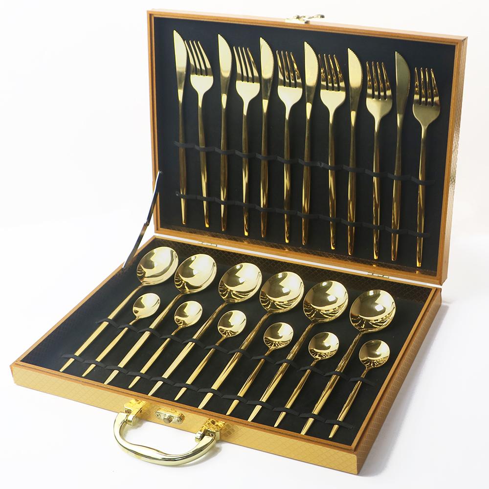 24pcs Gold Dinnerware Set Knife Fork Spoon Dinner Set Stainless Steel Tableware Set Gift Box Dishwasher Safe Cutlery Flatware