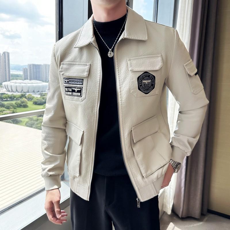Mens Plus Size Winter PU Leather Jacket Fleece Lined Thickened Biker Coat Slim Fit Embroidered Trendy Streetwear