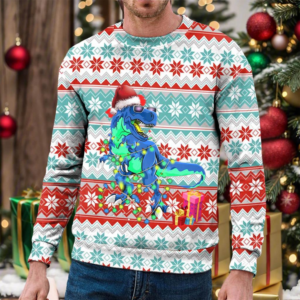 Male Christmas Sweatshirt Pullover Crew Neck Autumn Winter Long Sleeve Shirt Modern Sweater With Dinosaur Print Men'S Party