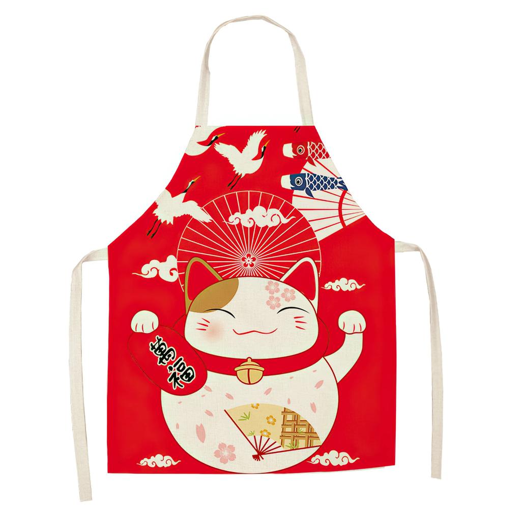 Cotton and Linen Apron Japanese Cartoon Lucky Cat Cooking Sleeveless Bib Waterproof Anti-greasy Kitchen Supplies Chef Apron