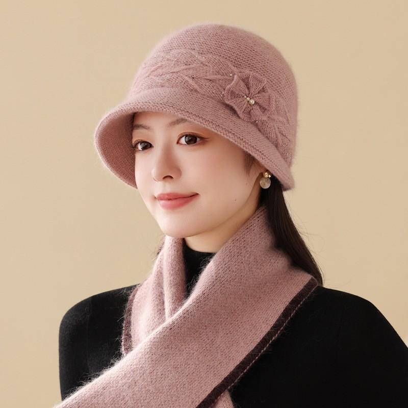Autumn And Winter Hats Women'S Solid Color Flower High-End Mother Hat Plush Rabbit Fur Warm Knitted Wool Hat