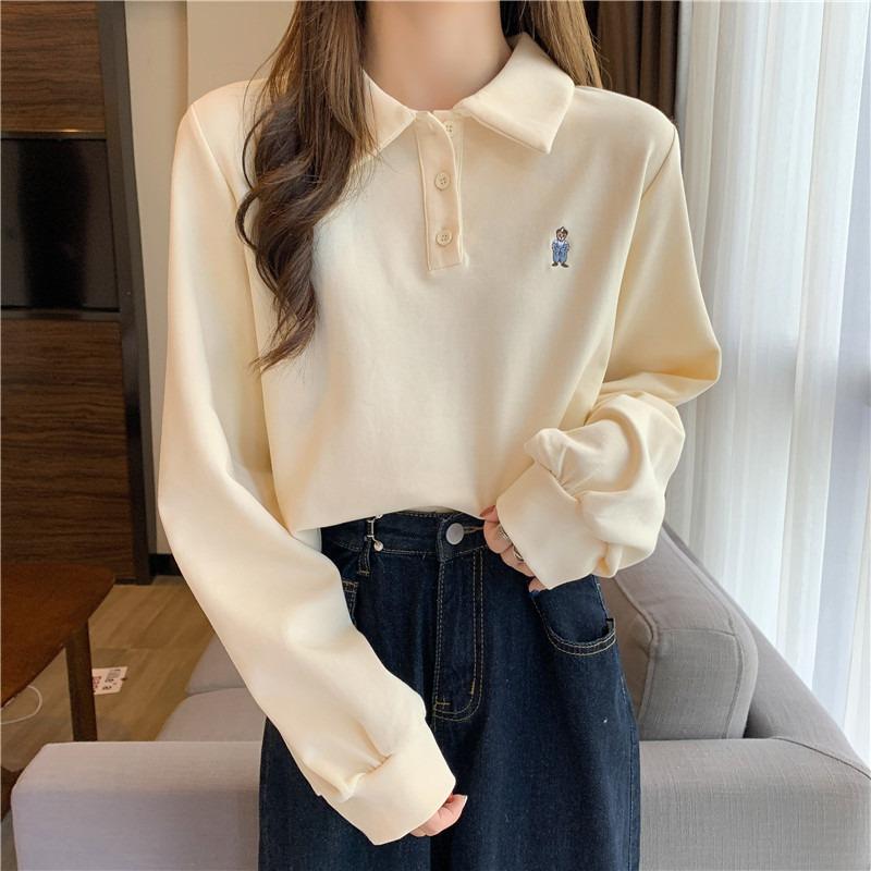 

Plo collar short long-sleeved T-shirt women s season loose student versatile bottoming shirt top tide 2XL абрикосовый