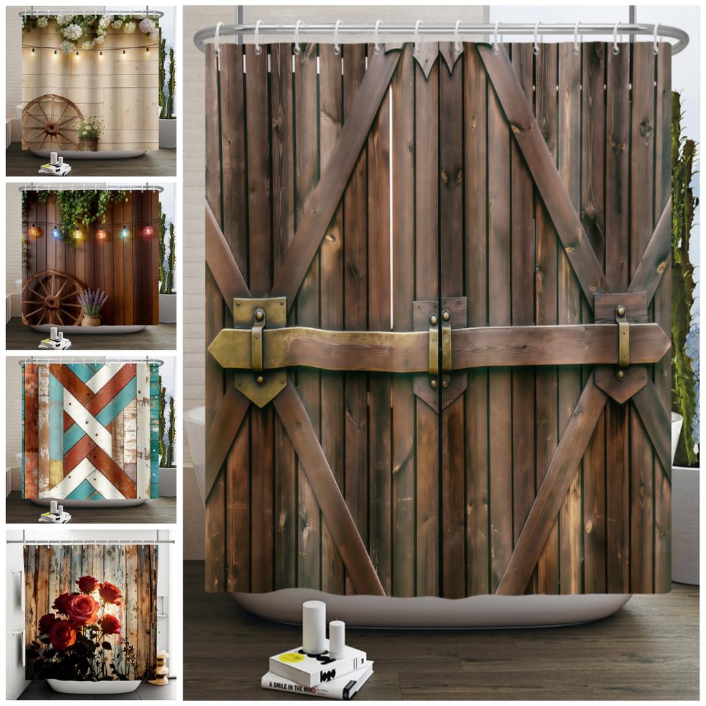 Western Cowboy Theme Bathroom Shower Curtain Barn Wooden Door Decor Waterproof Bathroom Curtain With Hooks Polyester Curtains