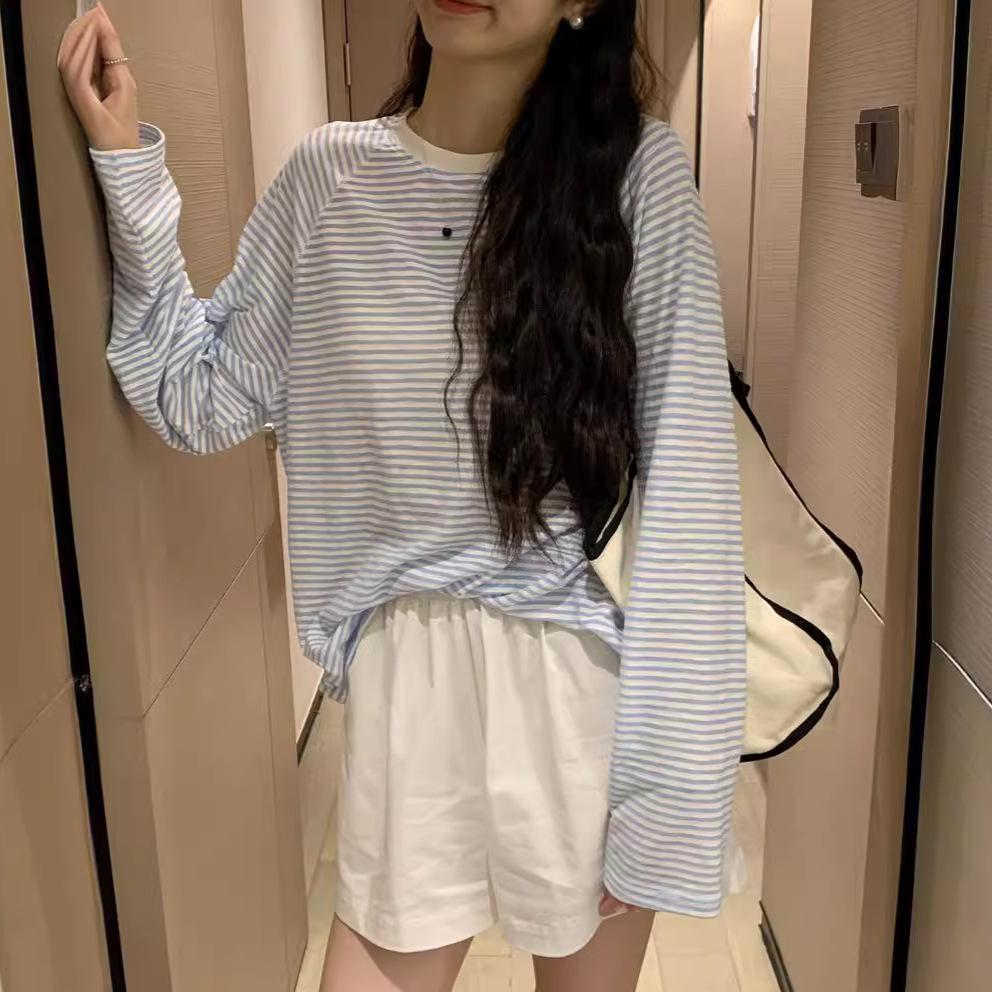 

Summer and Autumn Women s Clothing Slightly Sheer Japanese and Korean Fashion Loose Lazy Style Striped Long Sleeve T Shirt Top Sun Protection Cover Up S синій