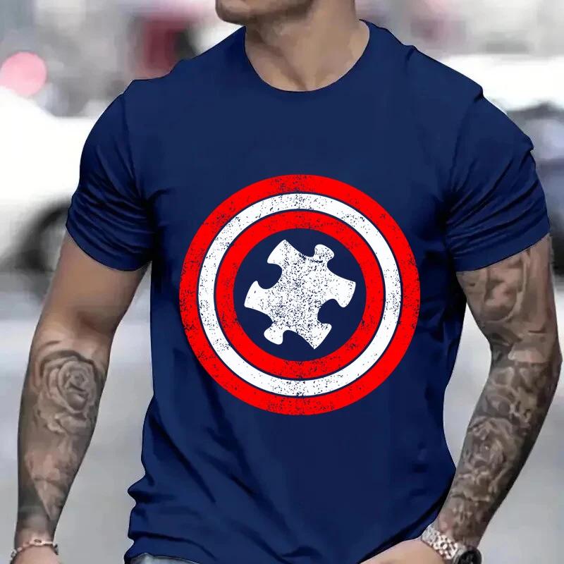 Man Tees Captain Autism Red and Blue Hero Shield Printed T Shirt Y2K Clothes Men's Clothing Hip-Hop T-shirt Men Streetwear Tops