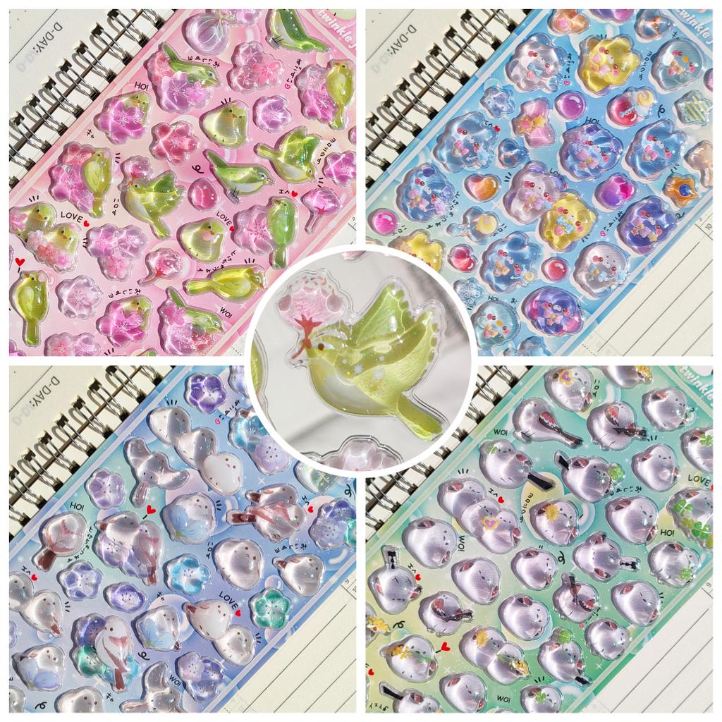 Glitzer 3D Kristall Spatz Aufkleber 4 Stück - Niedliche Japanische Tier Aufkleber für Notizbuch Handyhülle DIY Kinder Mädchen Geschenk Dekor