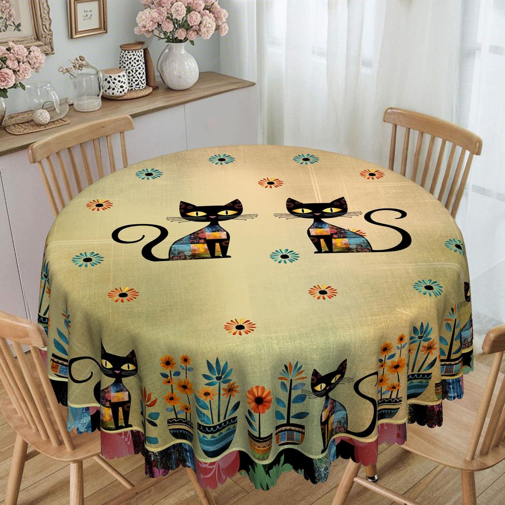 1 Piece, Bohemian Mandala Tablecloth, Vintage Floral And Cat Pattern Tablecloth, Edge Embossing Craft
