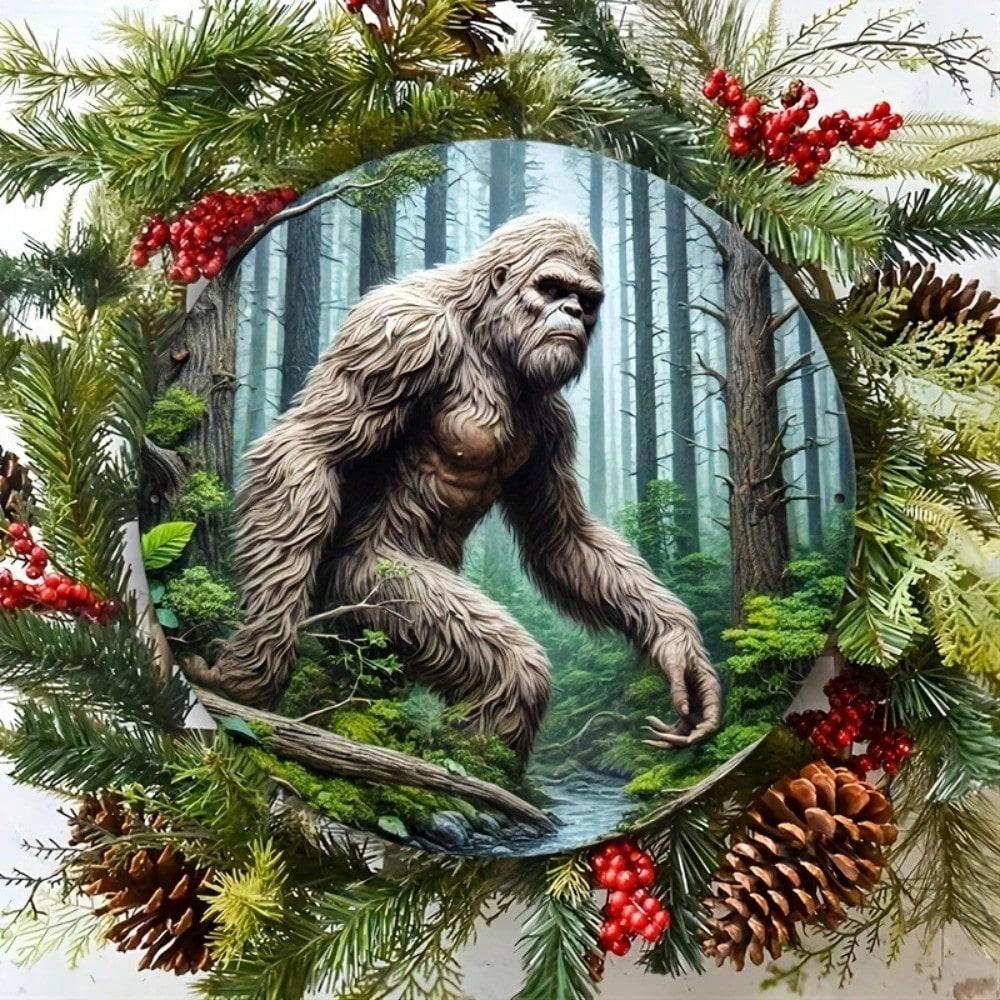 1pc 8x8 Inch Round Sasquatch Metal Sign Waterproof Weather Resistant Wall Decor Frameless Washable Aluminum Plaque