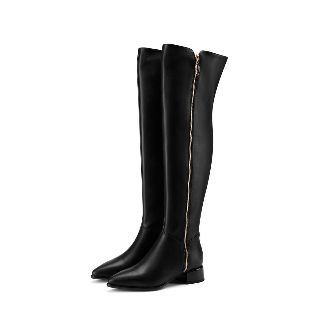 Krazing Pot Cow Skin Autumn Winter Shoes Thick Heels Plus Size 45 Size 44 Women Keep Warm Zipper Decorations Over-the-knee Boots