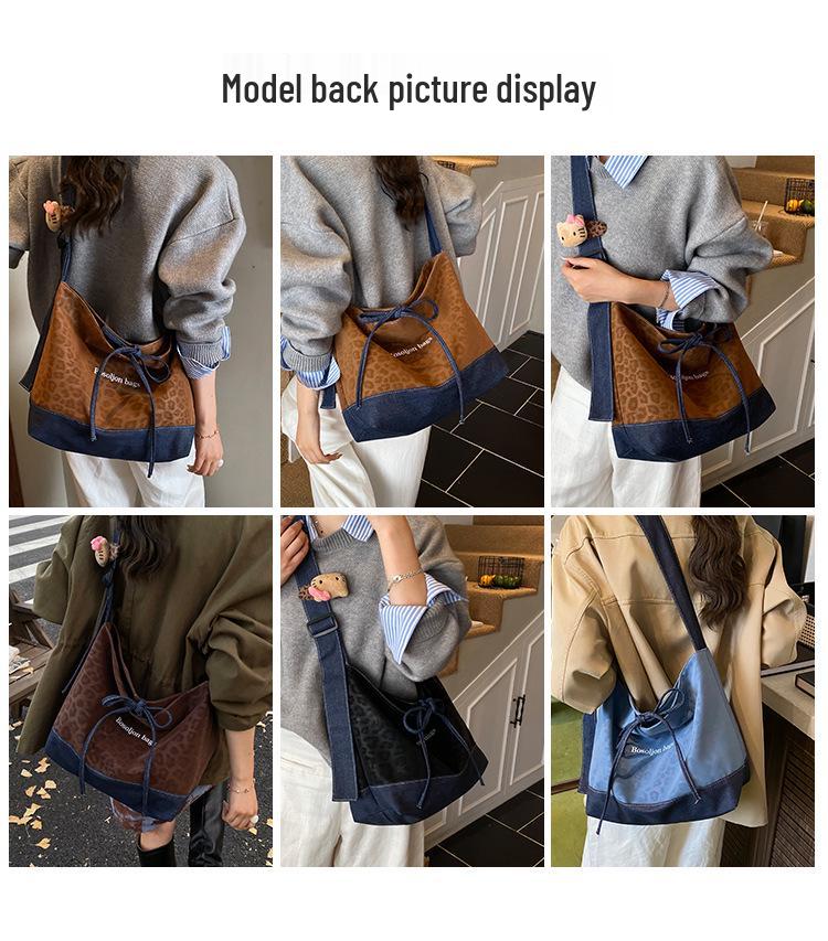 Retro Leopard Patchwork Denim Tote - Large Capacity Crossbody & Casual Shoulder Bag