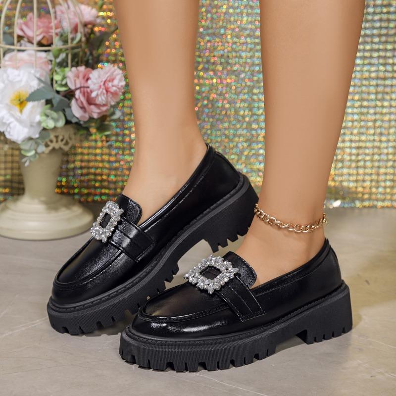 Rhinestone Buckle Shoes Ladies 2025 Thicken Soled Flats Japanned Leather Oxfords Women Casual Slip On Loafers Lolita Shoes