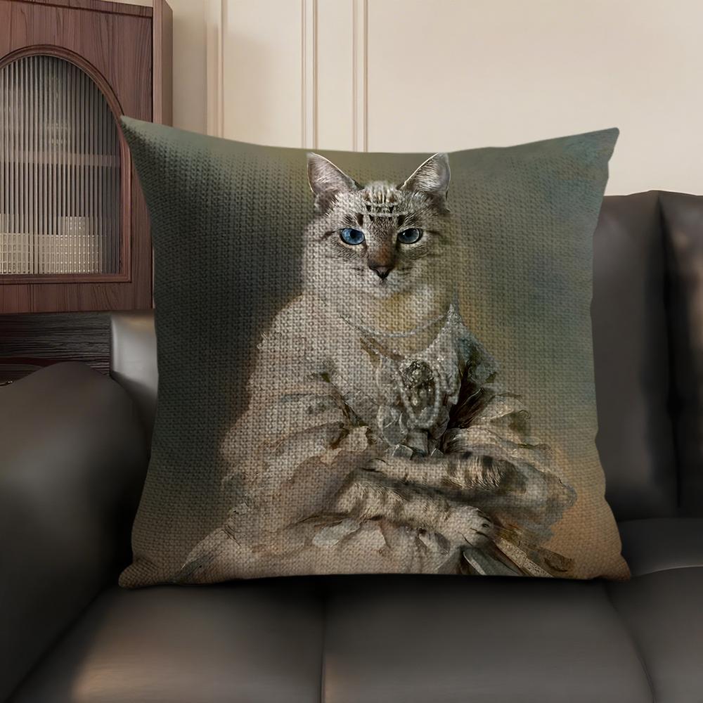 Renaissance Royal Cat Cushion Cover Natural Linen Organic Fabric DoubleSided Printing Sofa Home Decor Gift Pillow Case