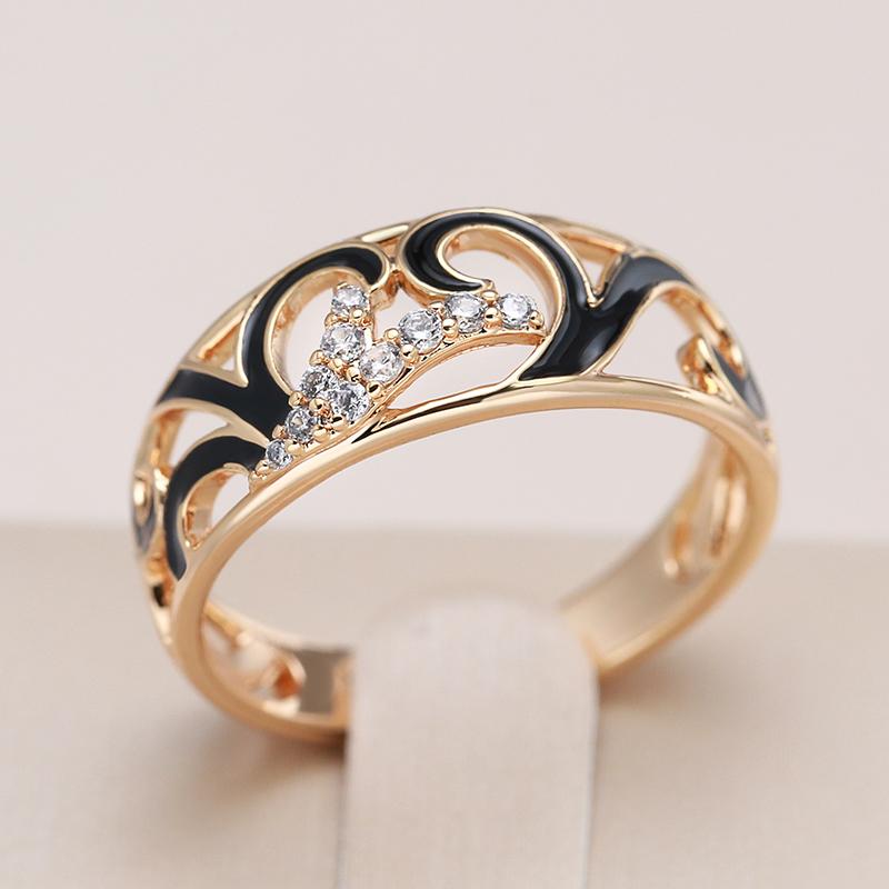 Unusual Black Enamel Ring For Women  Rose Gold Color Natural Zircon Rings Creative Ethnic Bride Wedding Jewelry