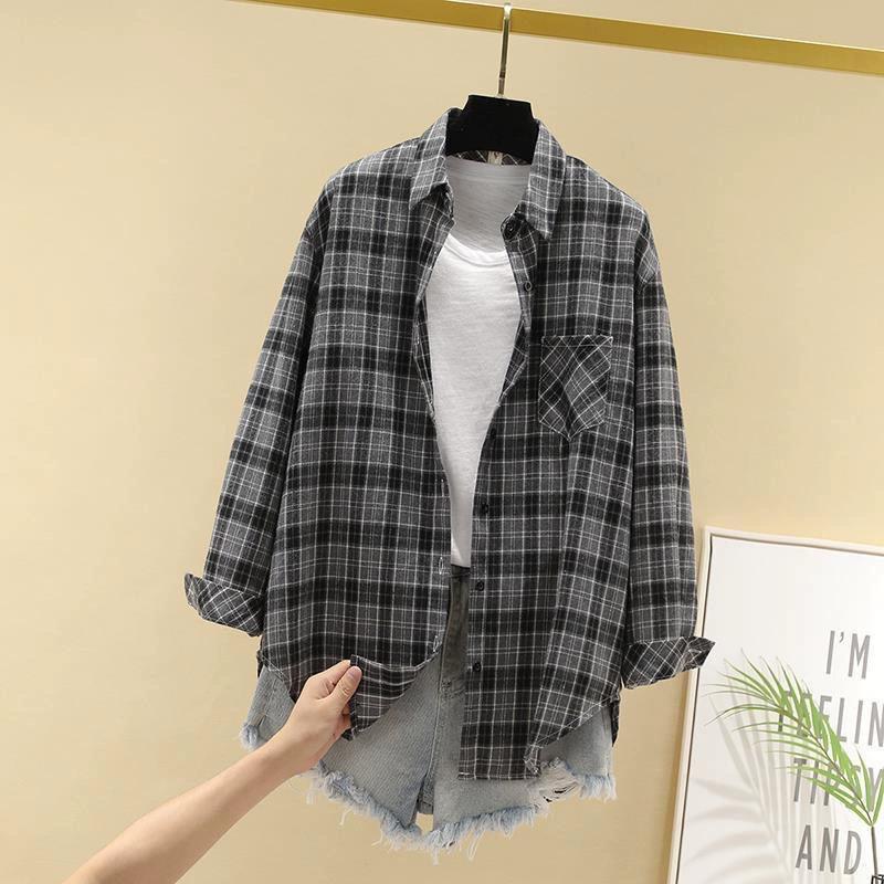 Lente Herfst Mode Shirt Grote Maat Lange Klassieke Mouw Enkelrijig Kraag Opgestikte Zak Los Geruit Print Casual Shirt Blouse