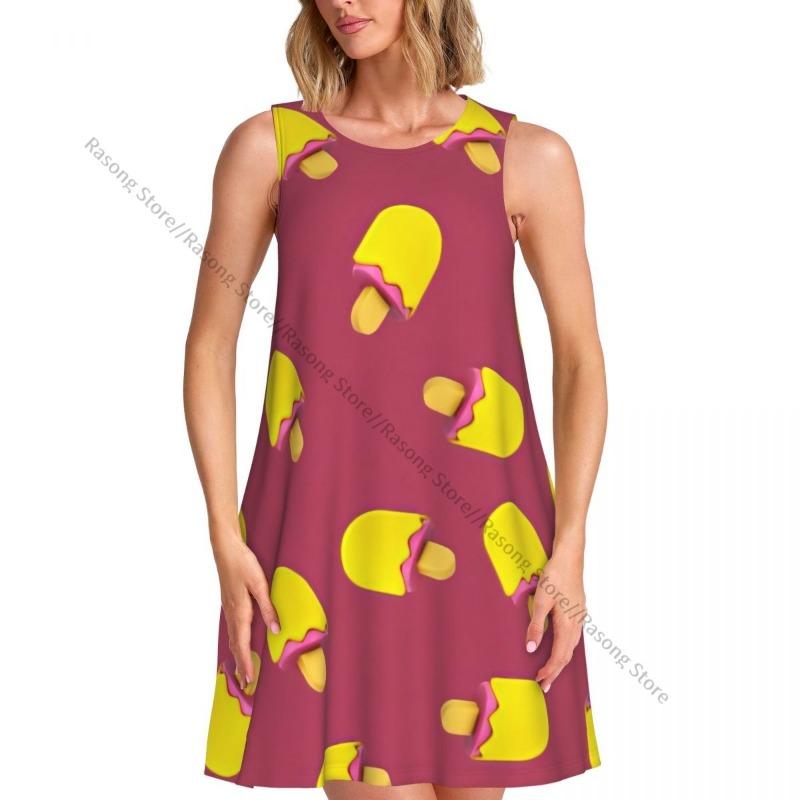 Women Clothing Dress Cute Ice Cream Pattern Round Neck Sleeveless Dress S