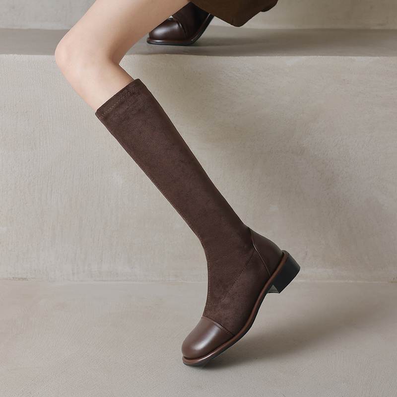 Krazing Pot Microfiber Autumn Winter Shoes Low Heels Size 43 Long Boots Half Boots Zip Stretch Thigh High Boots
