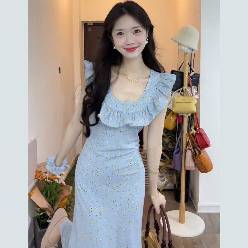 French romantic gentle small flying sleeves blue floral dress children's summer new seaside vacation dress
