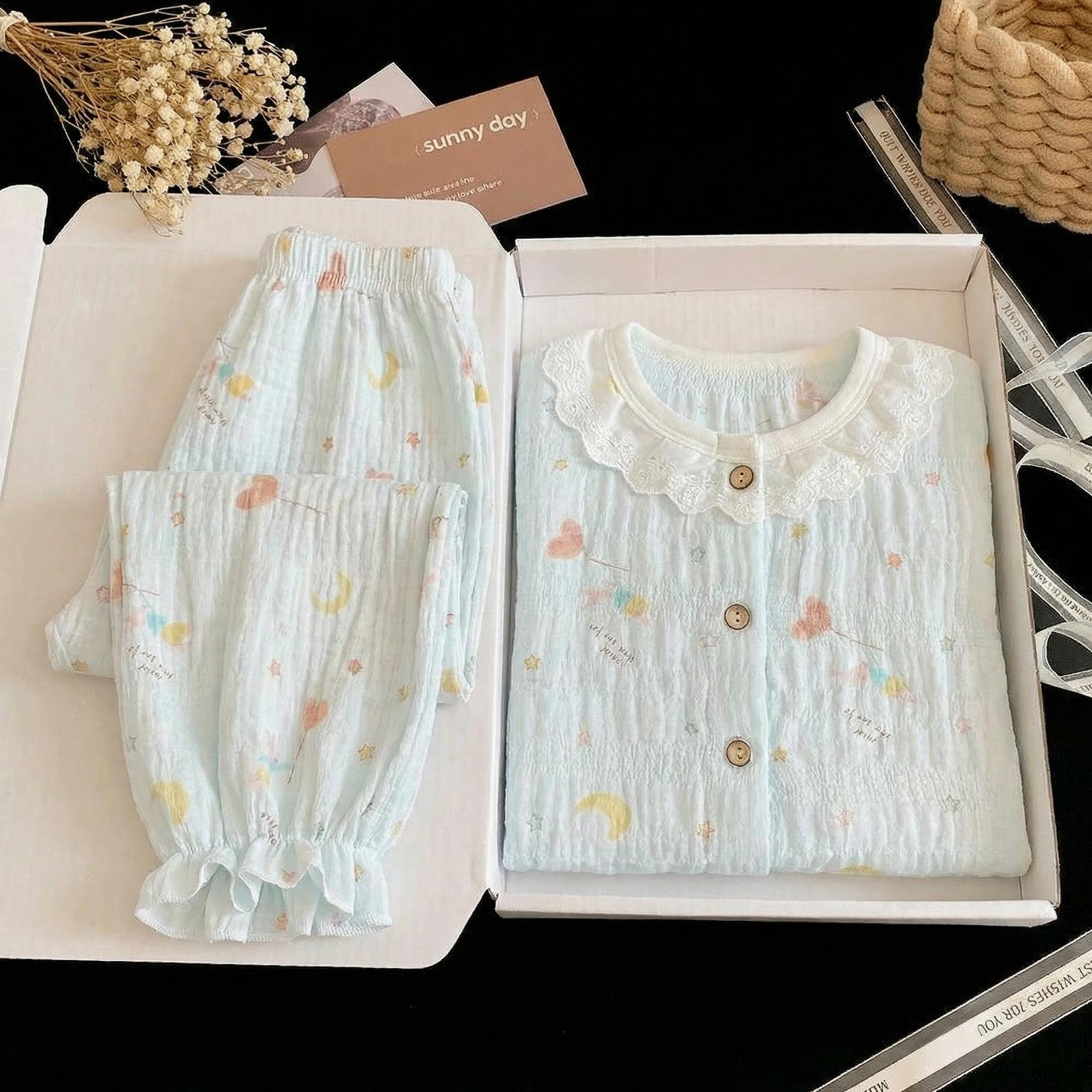 Ensemble de vêtements décontractés d'été à manches longues et motifs floraux pour filles, Ensemble pyjama en dentelle à col rond pour enfants, Nouvelle collection de vêtements de nuit respirants pour enfants 130 bleu ciel