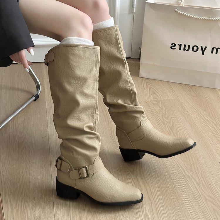 

Pleated simple fashion boots women s 2025 autumn and winter new retro versatile daily Maillard mid boots knight boots tide 40 абрикосовый
