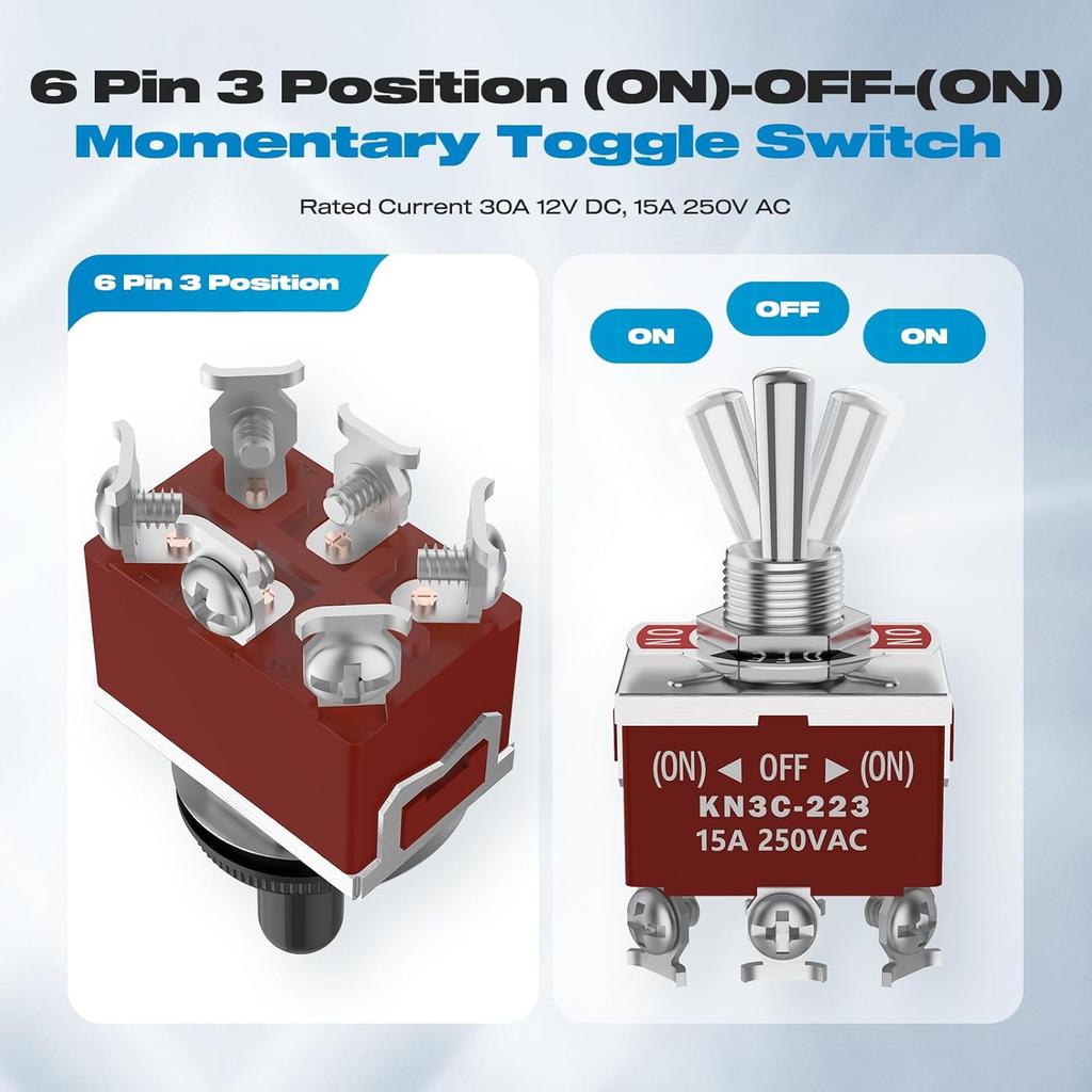 Momentary Toggle Switch,Malicele DPDT 6 Pin (ON)-Off-(ON) Waterproof 30A 12V DC,15A 250V AC Marine Toggle Switch 12V Heavy Duty With Boot Cover Cap