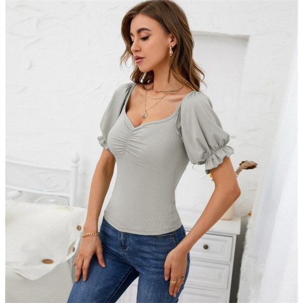 Women's T-shirt solid color puff sleeves V-neck waist-hugging slim T-shirt clothes sale