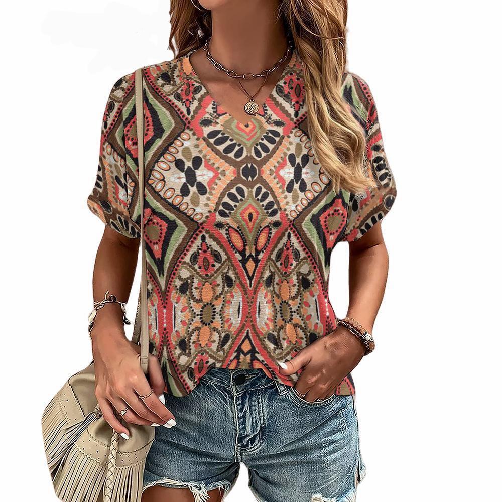 Bohemian Pattern 3D Printed T-shirt for Women's Summer V-neck Short